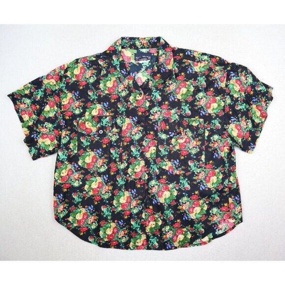 HUNTERS RUN - WOMEN'S BLACK FLORAL PRINT SHORT SLEEVE BUTTON-UP SHIRT - SIZE S - Picture 1 of 7